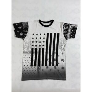 Weed Leaf Bandana Flag Graphic Tee Men's Medium‎ Black White Streetwear Shirt
